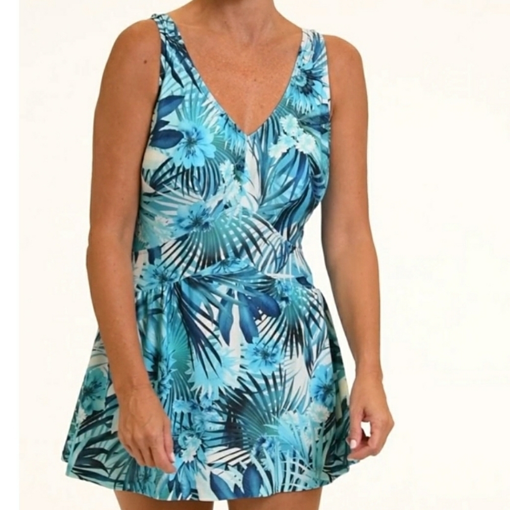 Maxine of Hollywood Indigo Palms Empire Swim Dress in Blue Size 12